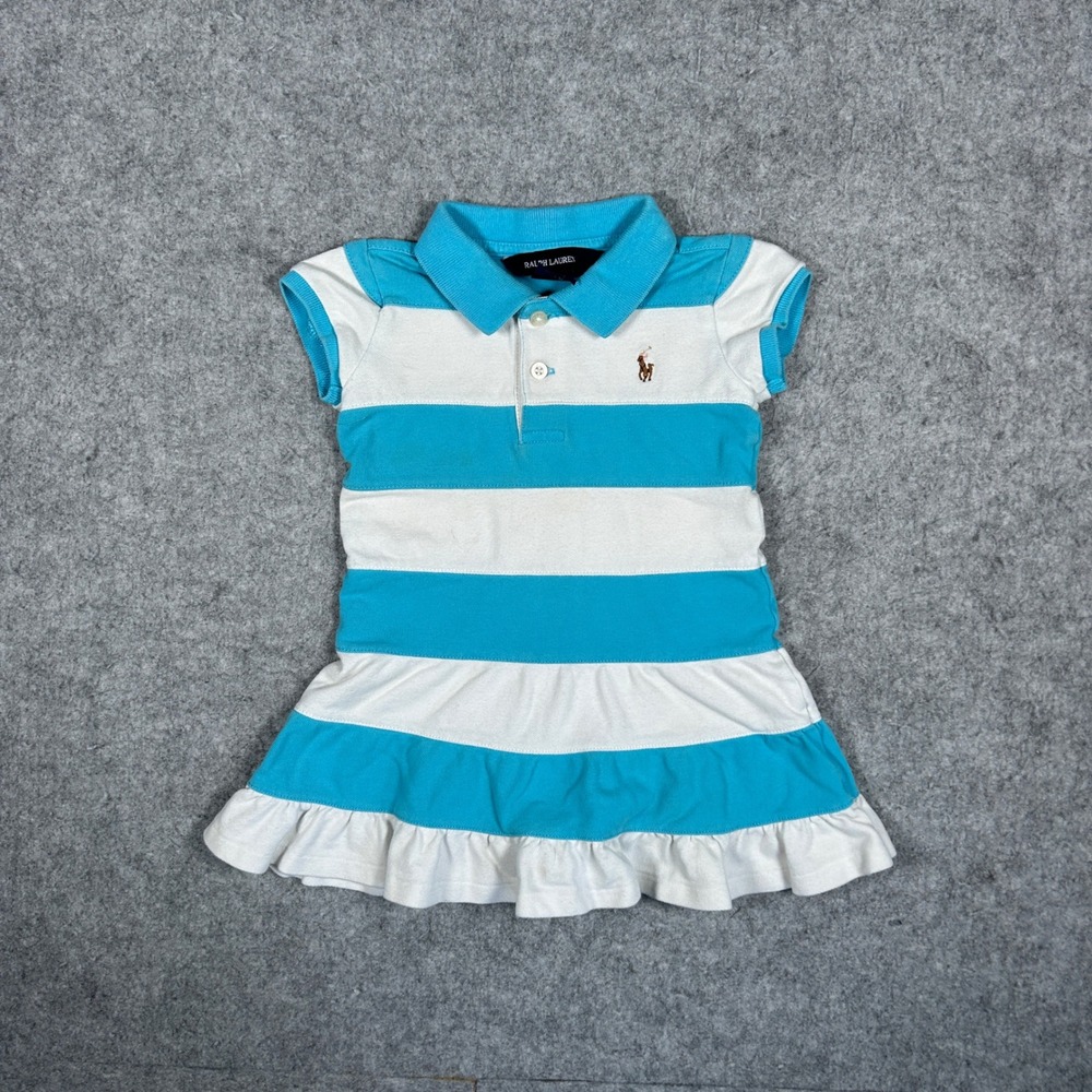 Ralph Lauren Polo Dress Girls 2T Blue White Striped Ruffle Short Sleeve‎ Preppy